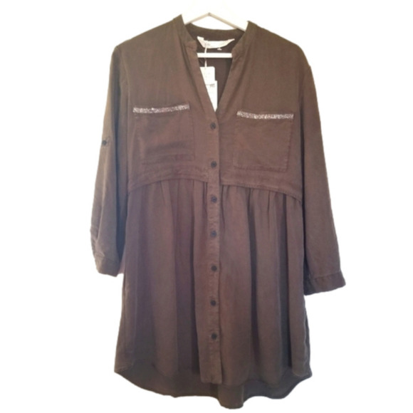 NWT Zara Green Tencel Long Sleeve Collared Military Midi Dress XS - Picture 1 of 8